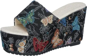 SuanlaTDS Platform Wedge Sandals Women Dressy Canvas Open Toe Slip On High Heels Comfortable Casual Summer Bohemian Beach Elegant Chunky Bottom Heeled Pu-mps Wedges Slides Sandal