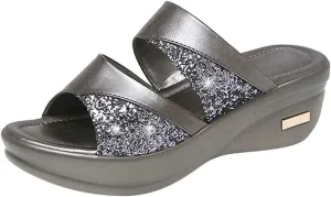 SuanlaTDS Sandals for Women 2025 Wedge Platform Slip on Open Toe Boho Dressy Casual Summer Beach Outdoor Walking Slide Sandals Comfortable Wedges Low Heels Slippers Party Dress Shoes