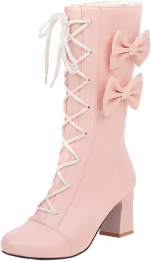Victorian Boots for Women Women Vintage Boots Lace Bow Boots Mid Calf Zipper Costume Renaissance Mid Heel Dress Boots