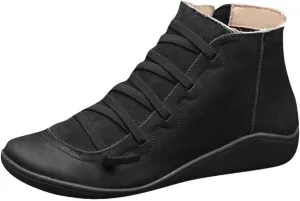 Vintage Women's Ankle Boots - Comfortable Leather Flat Boots With Round Toe and Side Zipper
