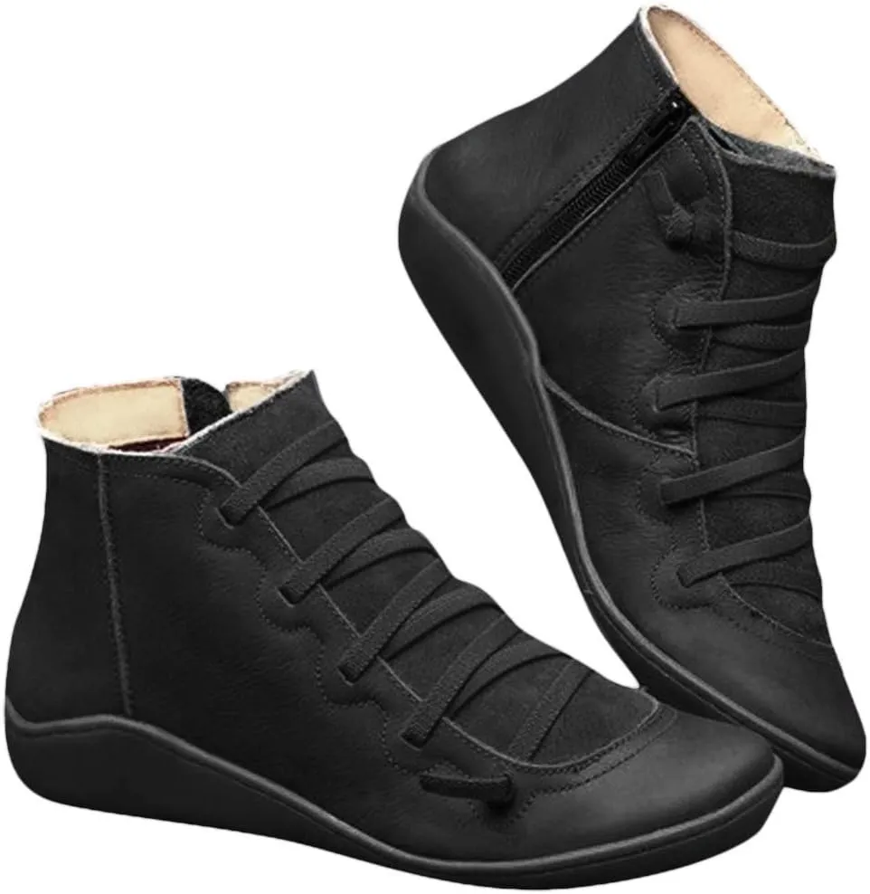 Vintage Women's Ankle Boots - Comfortable Leather Flat Boots With Round Toe and Side Zipper