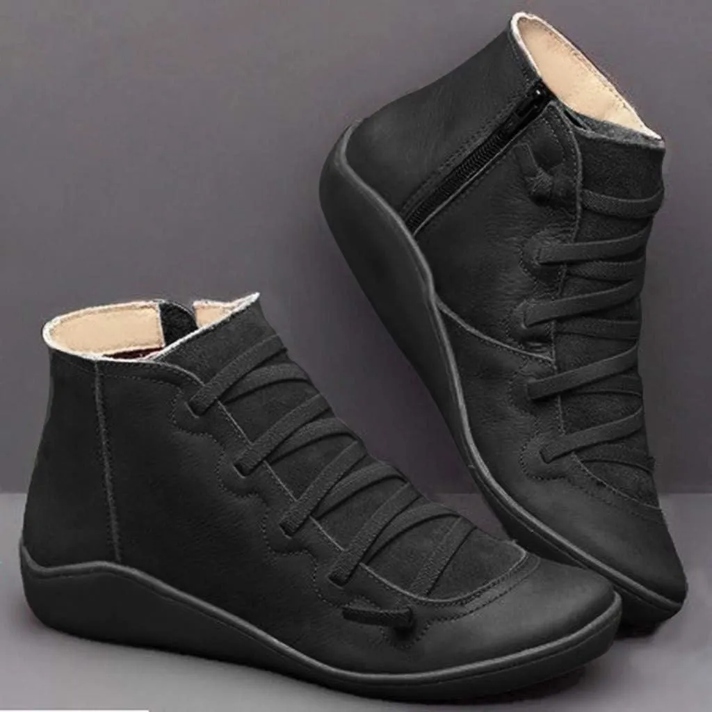 Vintage Women's Ankle Boots - Comfortable Leather Flat Boots With Round Toe and Side Zipper