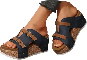 Wedge Sandals For Women Platform Wedges Heels,Cork Thick Sole Comfy Comfortable Arch Support Open Toe Summer Walking Shoes Slides Orthotic Slide Casual Sandal Womens Slip-On Dressy Beach Shoes