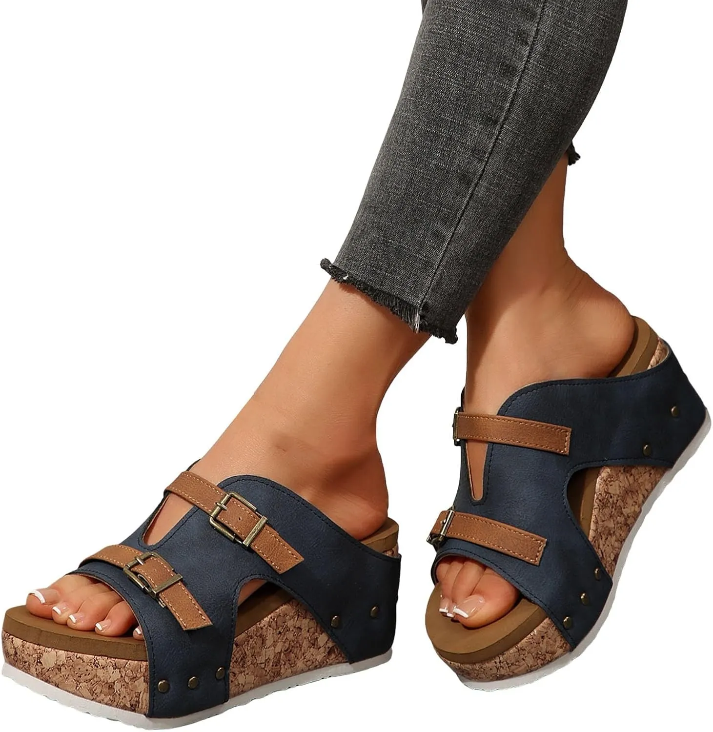 Wedge Sandals For Women Platform Wedges Heels,Cork Thick Sole Comfy Comfortable Arch Support Open Toe Summer Walking Shoes Slides Orthotic Slide Casual Sandal Womens Slip-On Dressy Beach Shoes