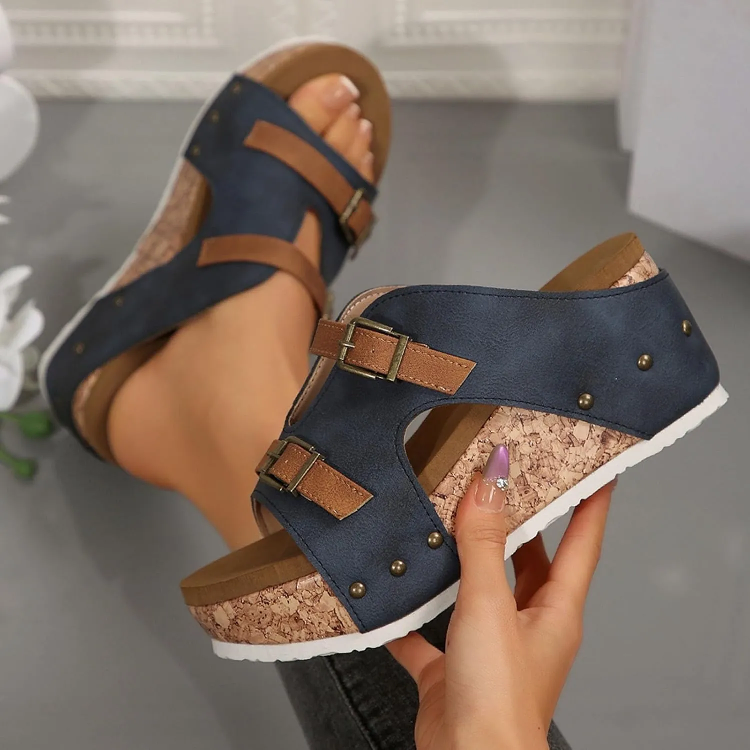 Wedge Sandals For Women Platform Wedges Heels,Cork Thick Sole Comfy Comfortable Arch Support Open Toe Summer Walking Shoes Slides Orthotic Slide Casual Sandal Womens Slip-On Dressy Beach Shoes