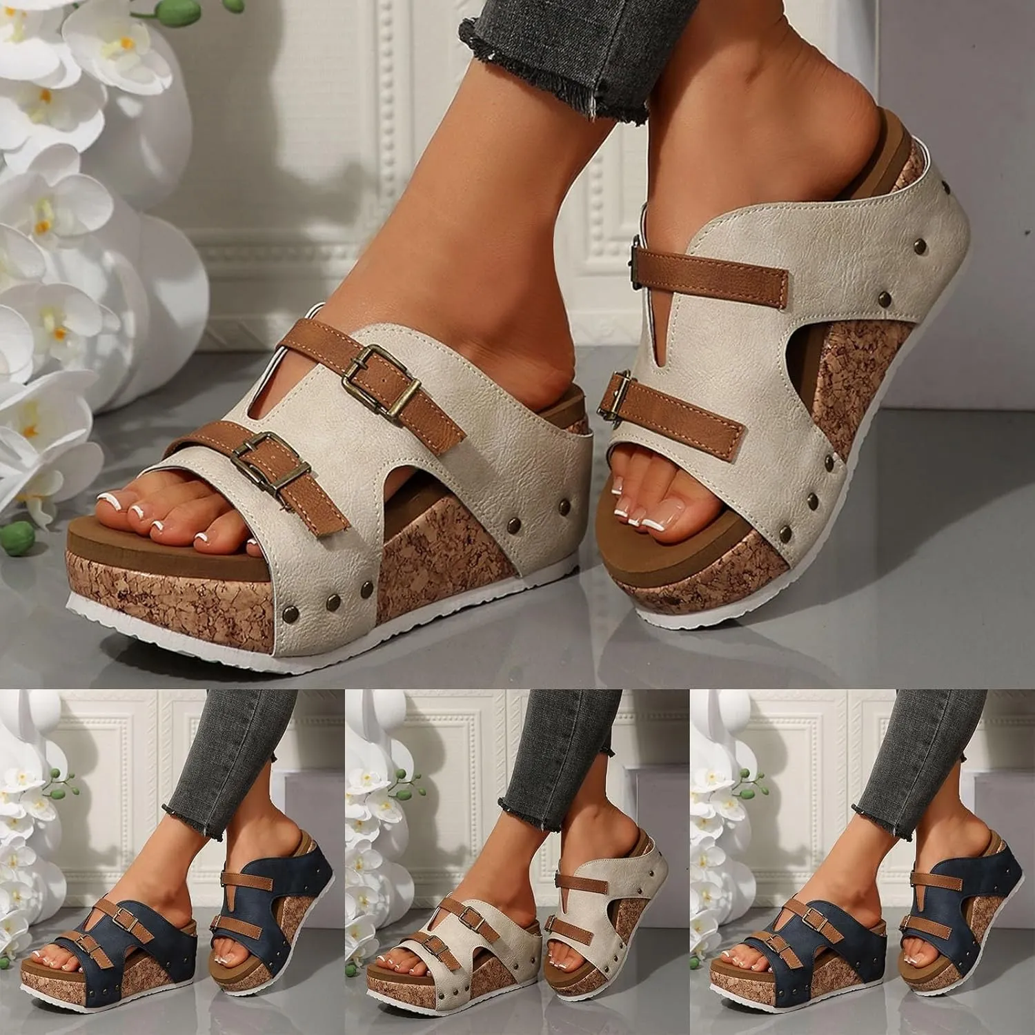 Wedge Sandals For Women Platform Wedges Heels,Cork Thick Sole Comfy Comfortable Arch Support Open Toe Summer Walking Shoes Slides Orthotic Slide Casual Sandal Womens Slip-On Dressy Beach Shoes