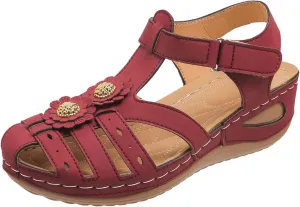 Women Closed Toe Casual Sandals Floral Embellished Hollow Out Shoe Hook and Loop Summer Sandal Wedge Anti-Slip Shoes
