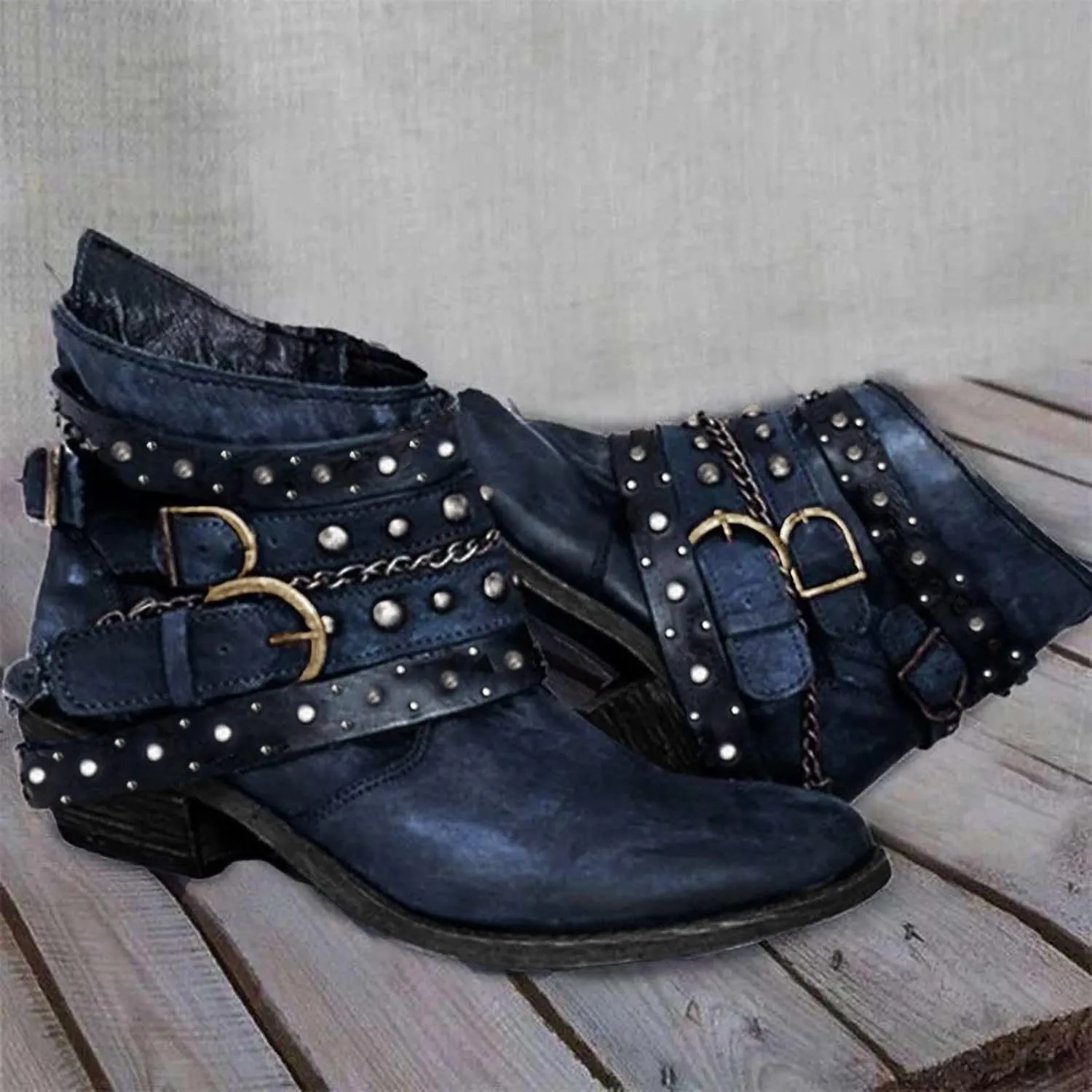 Women's Ankle Boots & Booties Wide Width,Punk Strap Trim Combat Boots Side Zipper Motorcycle Boots Goth Leather Boots