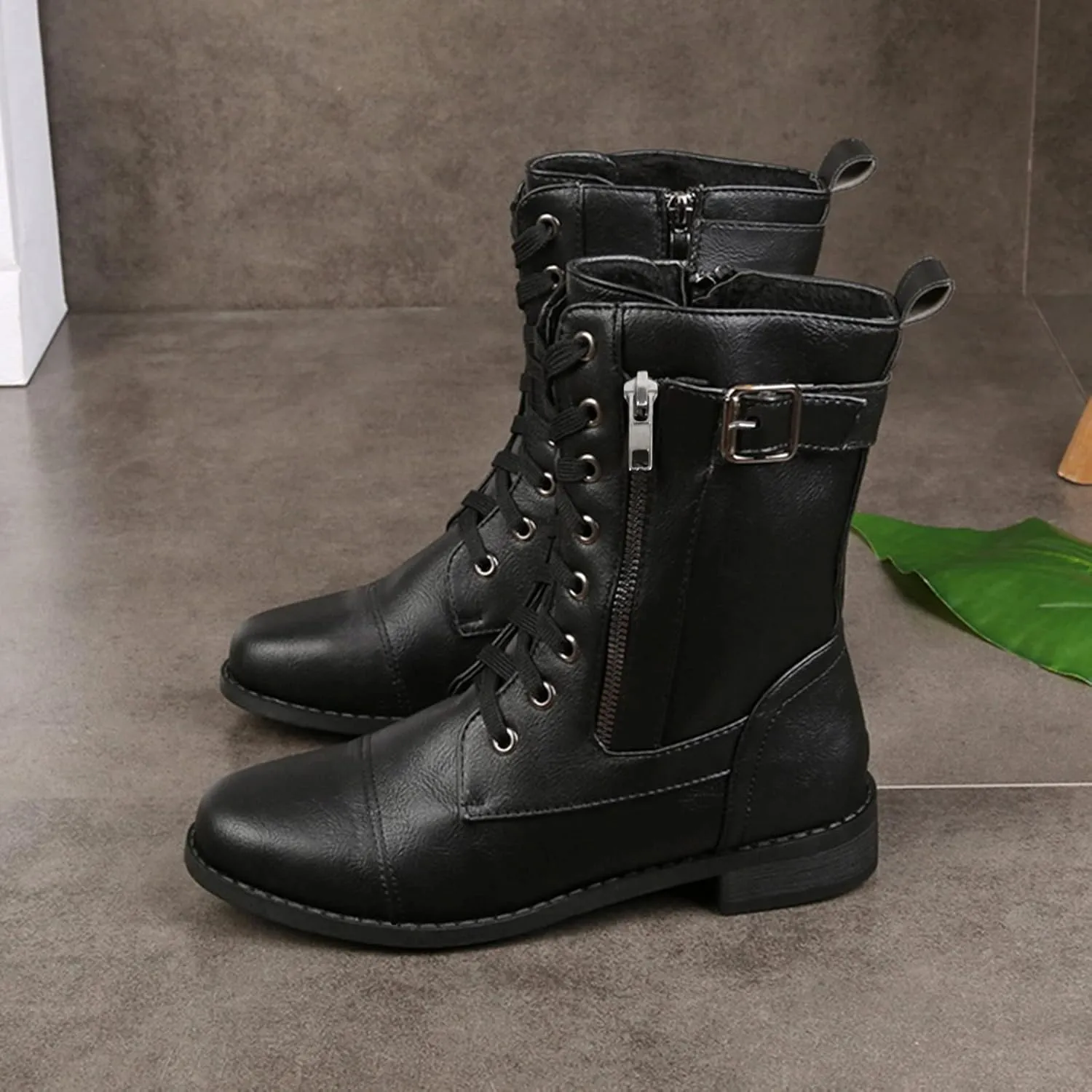 Womens Ankle Boots Low Heel,Gothic Lace Up Combat Boots Side Zipper Motorcycle Boots Comfy Leather Boots for Women