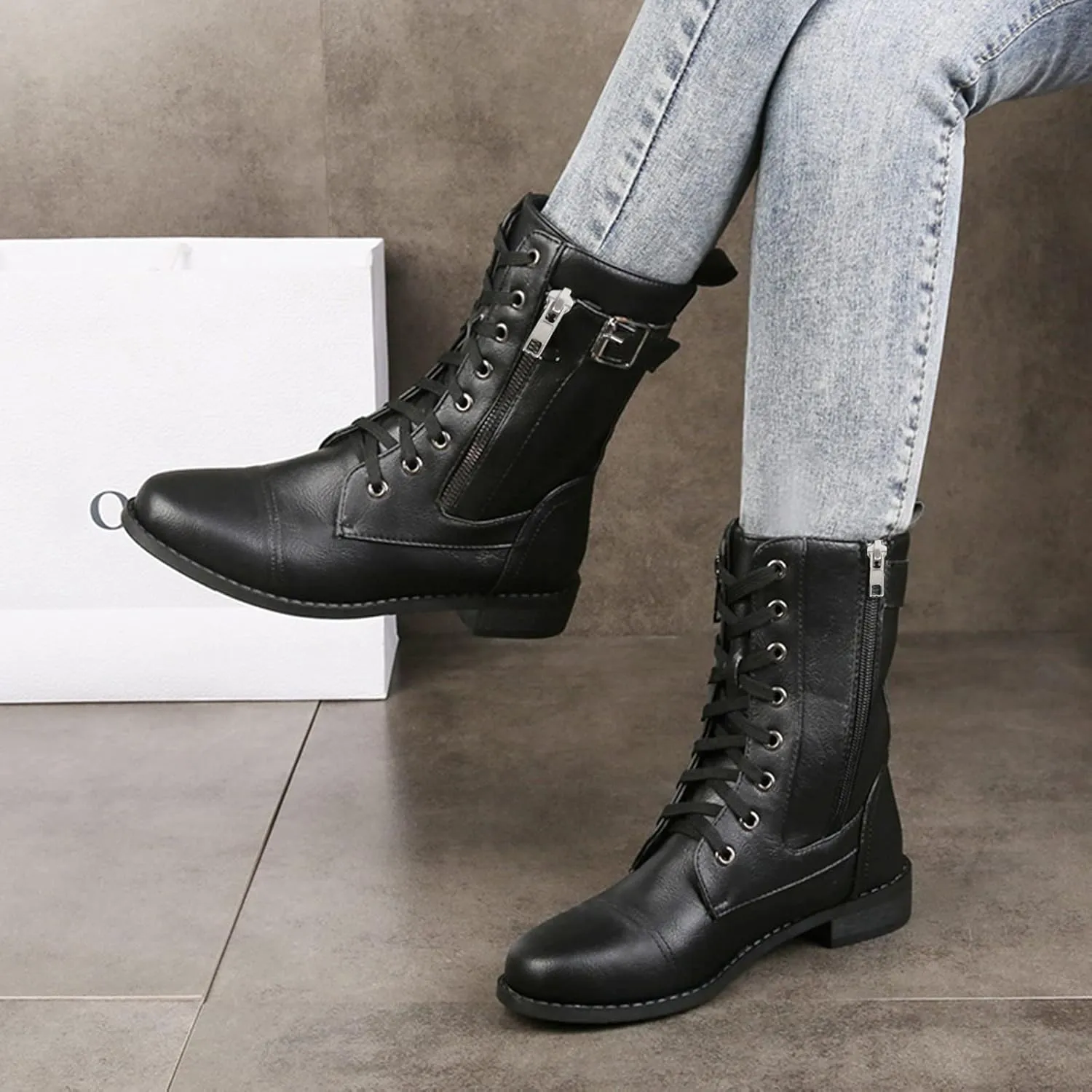 Womens Ankle Boots Low Heel,Gothic Lace Up Combat Boots Side Zipper Motorcycle Boots Comfy Leather Boots for Women