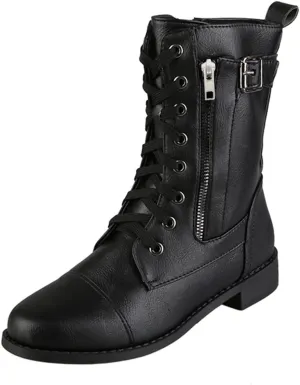Womens Ankle Boots Low Heel,Gothic Lace Up Combat Boots Side Zipper Motorcycle Boots Comfy Leather Boots for Women