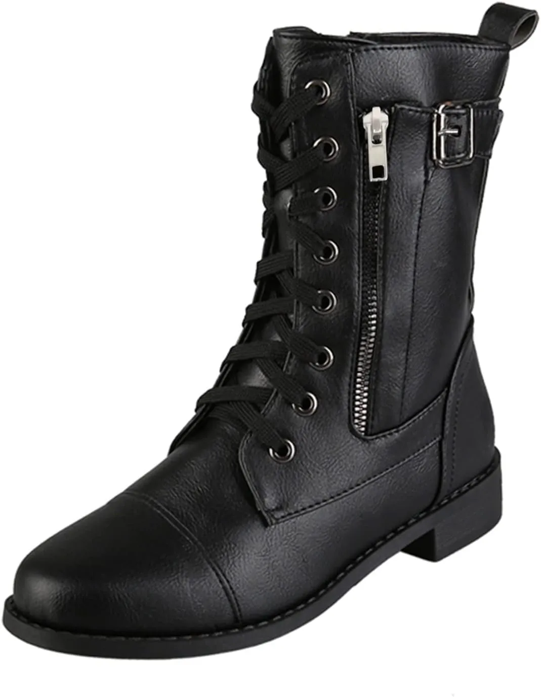 Womens Ankle Boots Low Heel,Gothic Lace Up Combat Boots Side Zipper Motorcycle Boots Comfy Leather Boots for Women