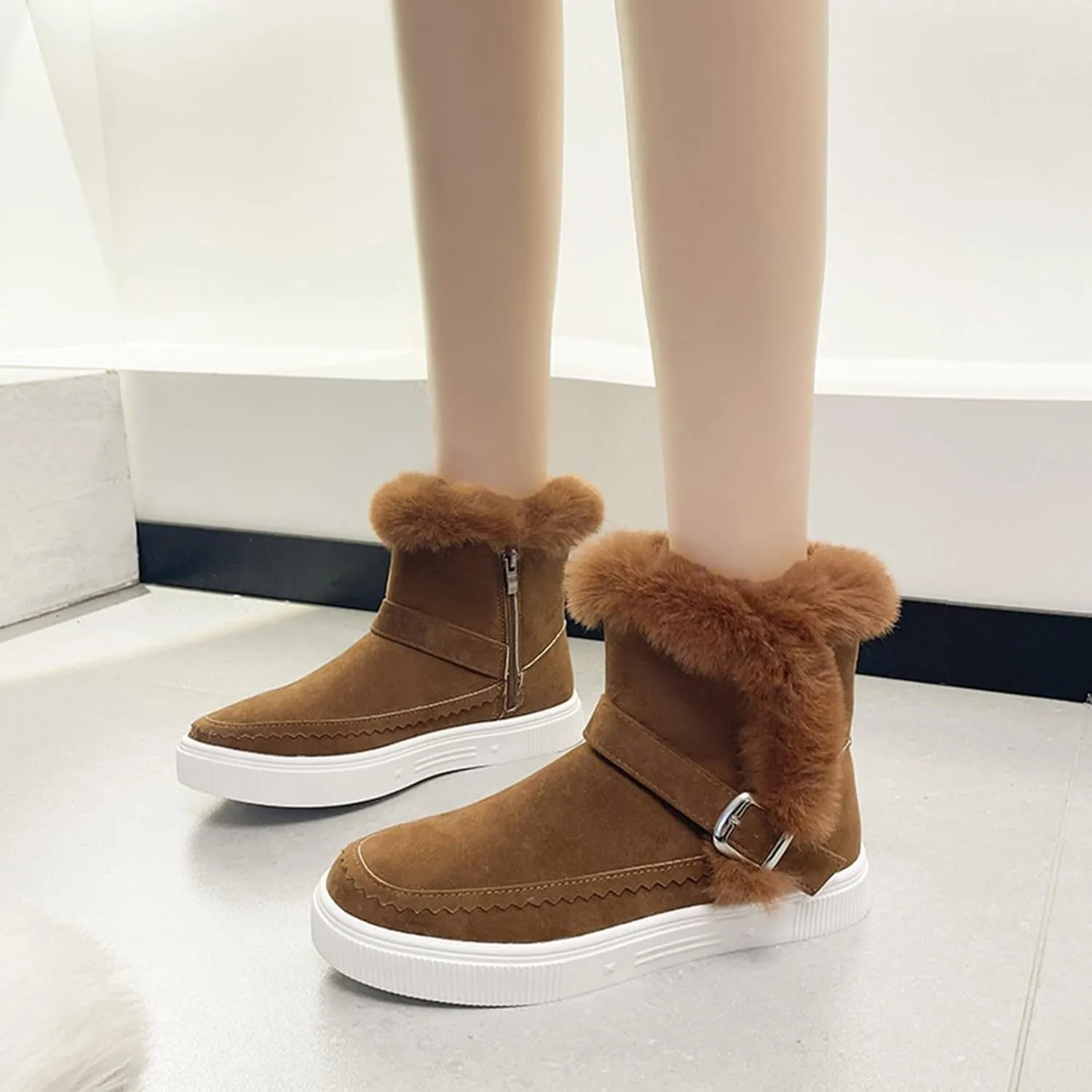 Womens Boots Fuzzy Fur Lined Thick Wedges Fashion Boots for Women Soft Leather Warm Snow Boots for Women
