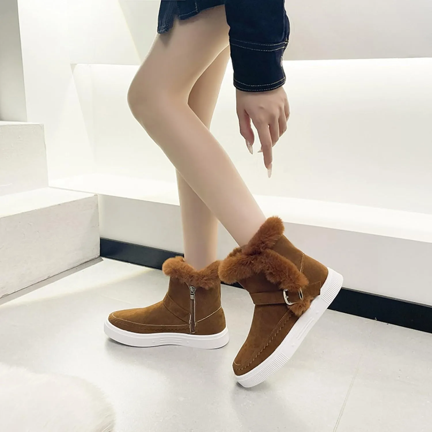 Womens Boots Fuzzy Fur Lined Thick Wedges Fashion Boots for Women Soft Leather Warm Snow Boots for Women