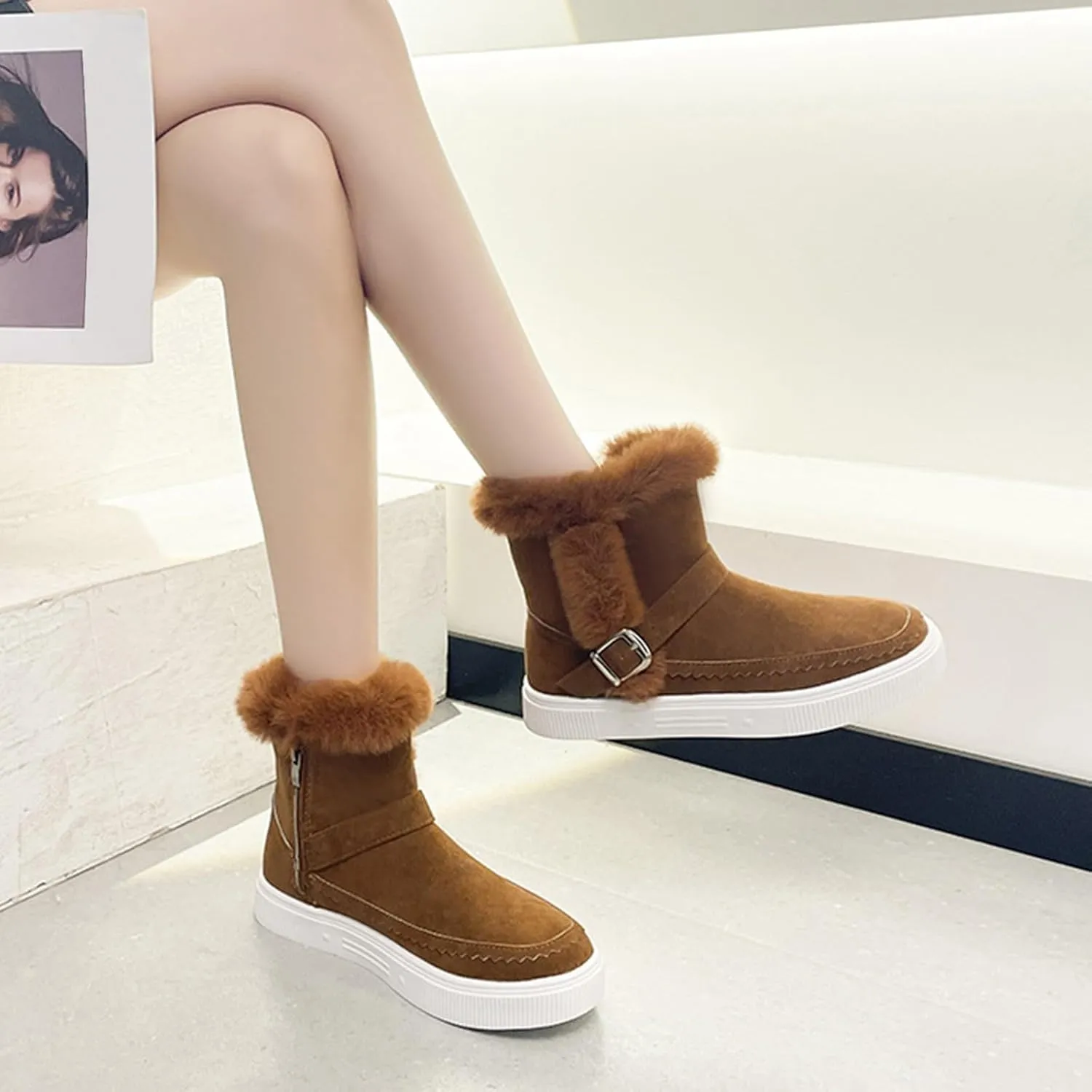 Womens Boots Fuzzy Fur Lined Thick Wedges Fashion Boots for Women Soft Leather Warm Snow Boots for Women
