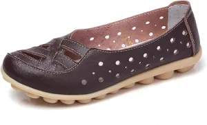 Womens Cowhide Leather Slip On Moccasins Shoes Flat Slipper Comfortable Leather Loafers Breathable Lightweight Round Toe Nurse Loafer Driving Walking Flat Work Shoes