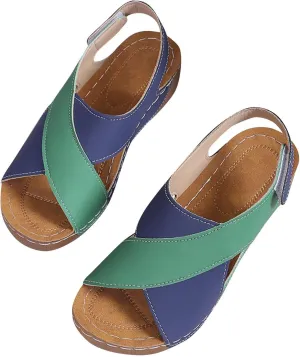 Women's Cross Thick Strappy Sandals Colorblock Hook and Loop Shoe Rubber Sole Summer Spring Sandal Casual Shoes