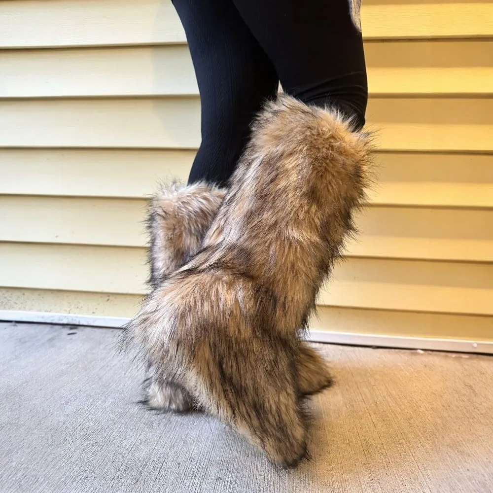 Women's Faux fur Boot Furry Fluffy Snow Boot Mid-Calf Fashion Boots
