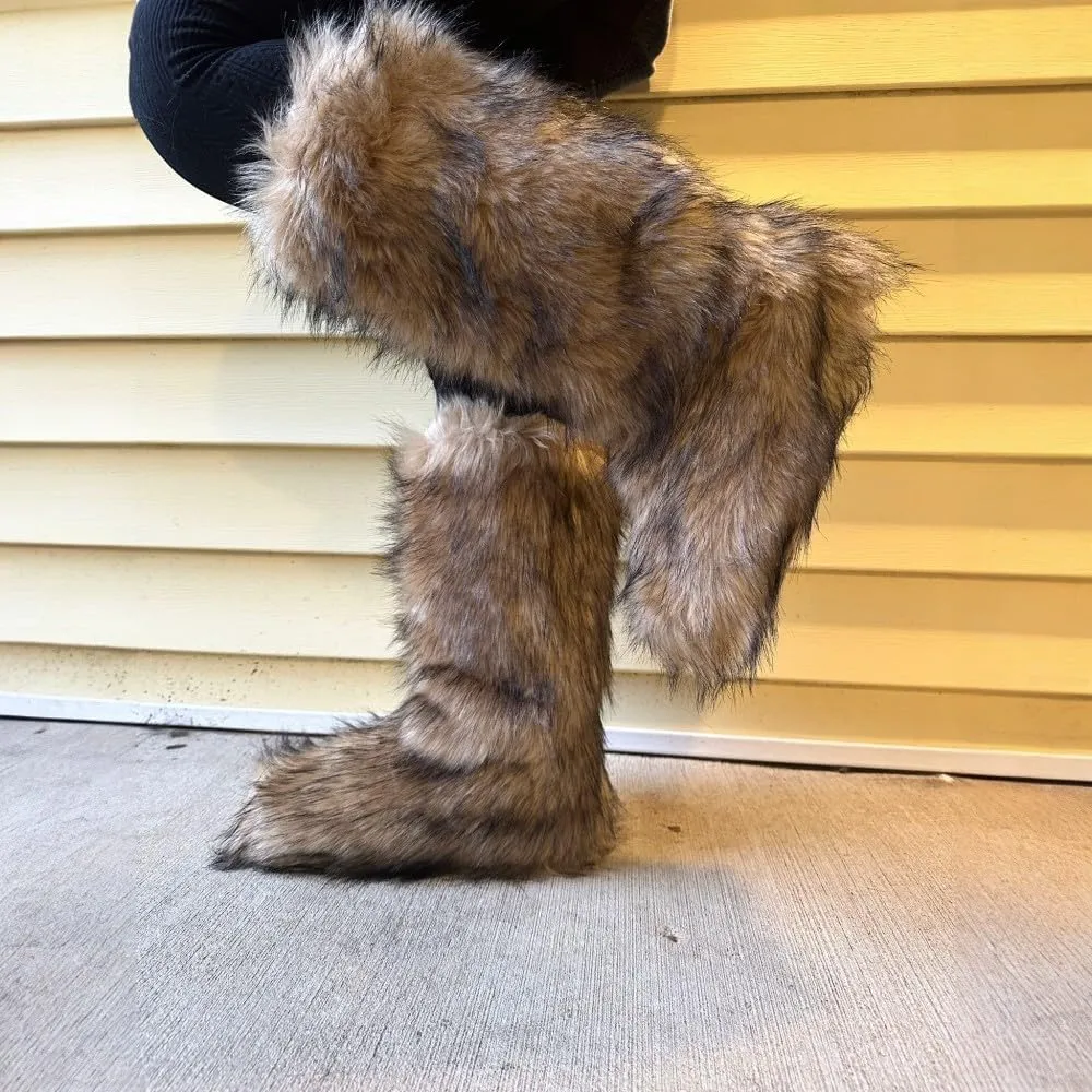 Women's Faux fur Boot Furry Fluffy Snow Boot Mid-Calf Fashion Boots