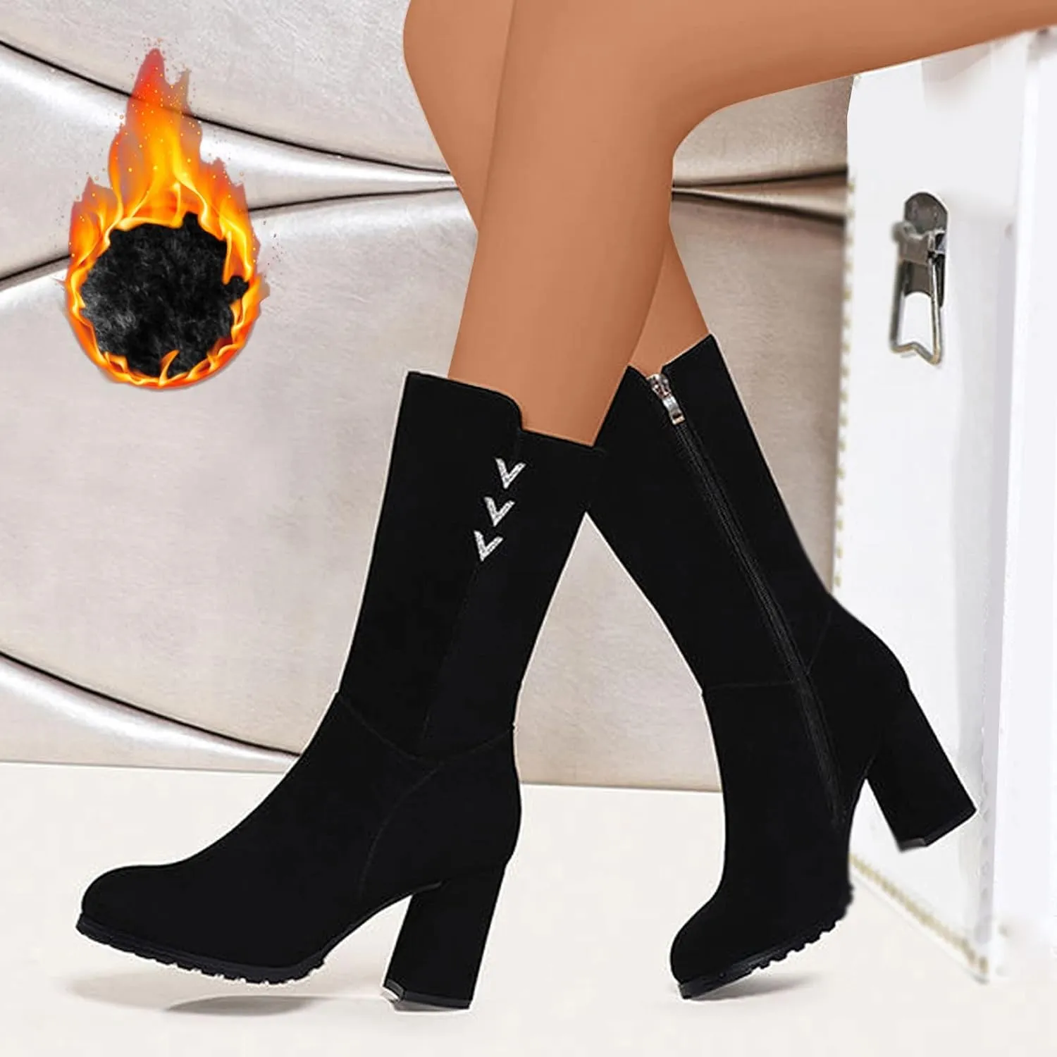 Women's High Heel Boots Fashion Solid Winter Boots Fleece Lined Warm Snow Boots Wide Calf Boot Socks Women Plus Size