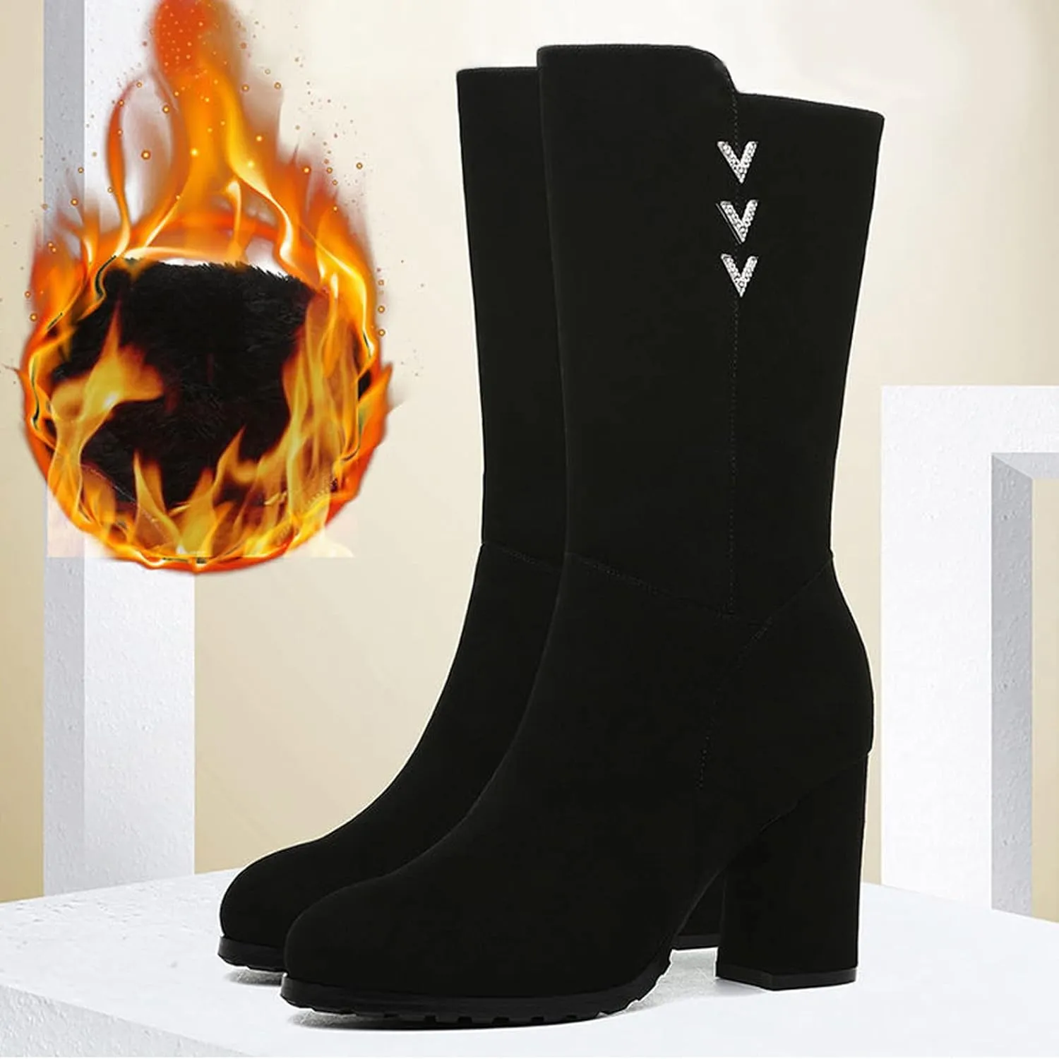 Women's High Heel Boots Fashion Solid Winter Boots Fleece Lined Warm Snow Boots Wide Calf Boot Socks Women Plus Size