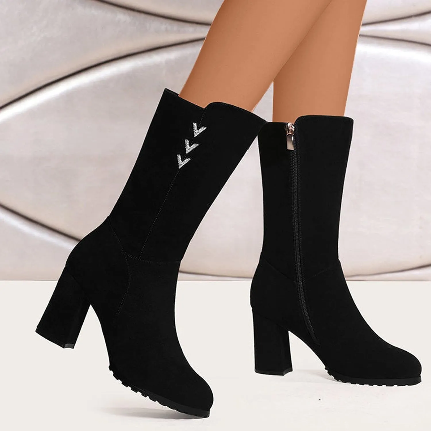 Women's High Heel Boots Fashion Solid Winter Boots Fleece Lined Warm Snow Boots Wide Calf Boot Socks Women Plus Size