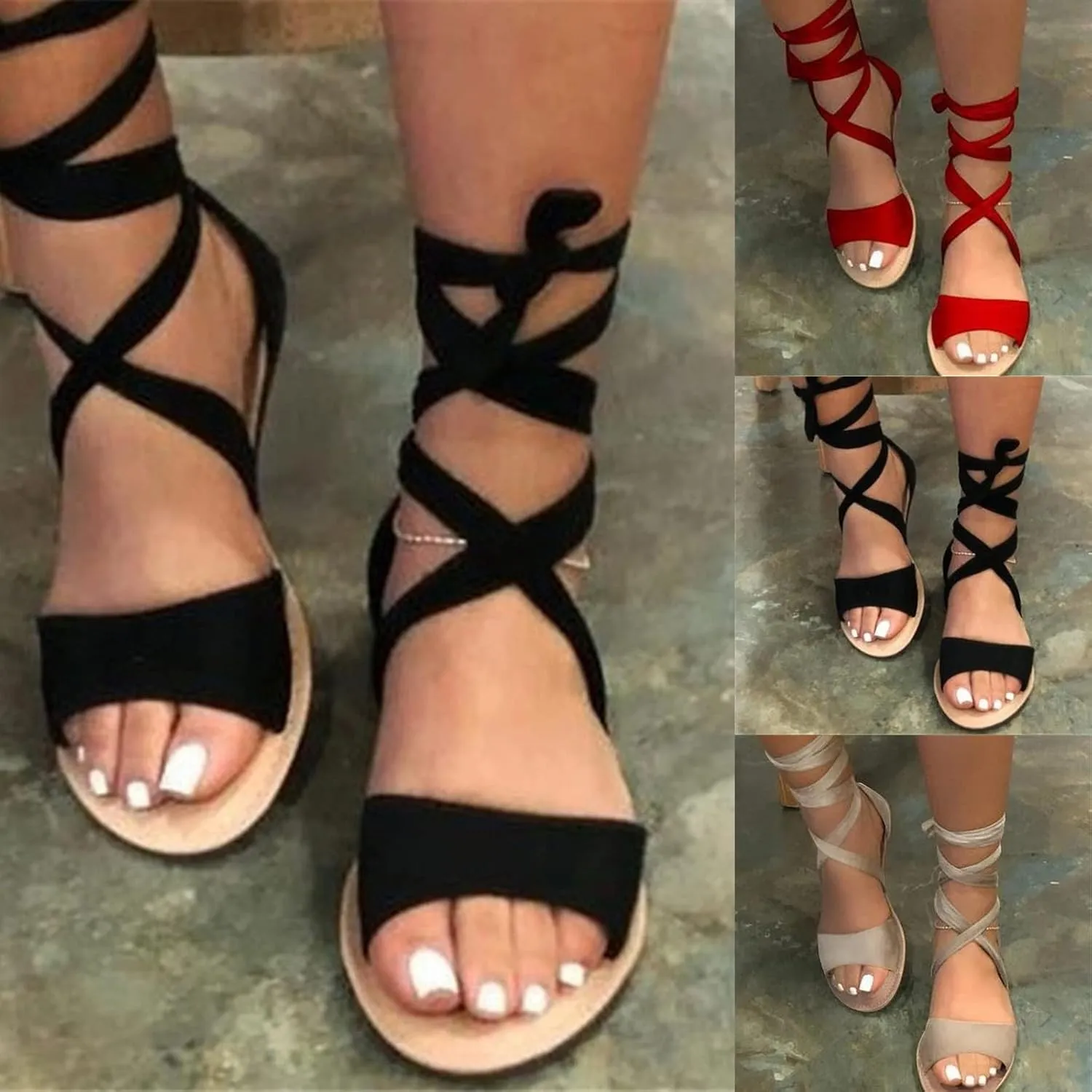 Women's Lace-up Flat Sandals Strappy Open Toe Slingback CrissCross Casual Summer Slides Sandal Dressy Slide Comfortable Tie up Sexy For Women 2025 Ankle Strap flat Dress Crisscross Shoes for Party