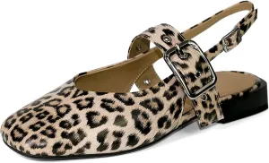 Womens Mary Jane Low Block Heels Closed Square Toe Slingback Ankle Strap Pumps Leopard Printed Party Dress Shoes