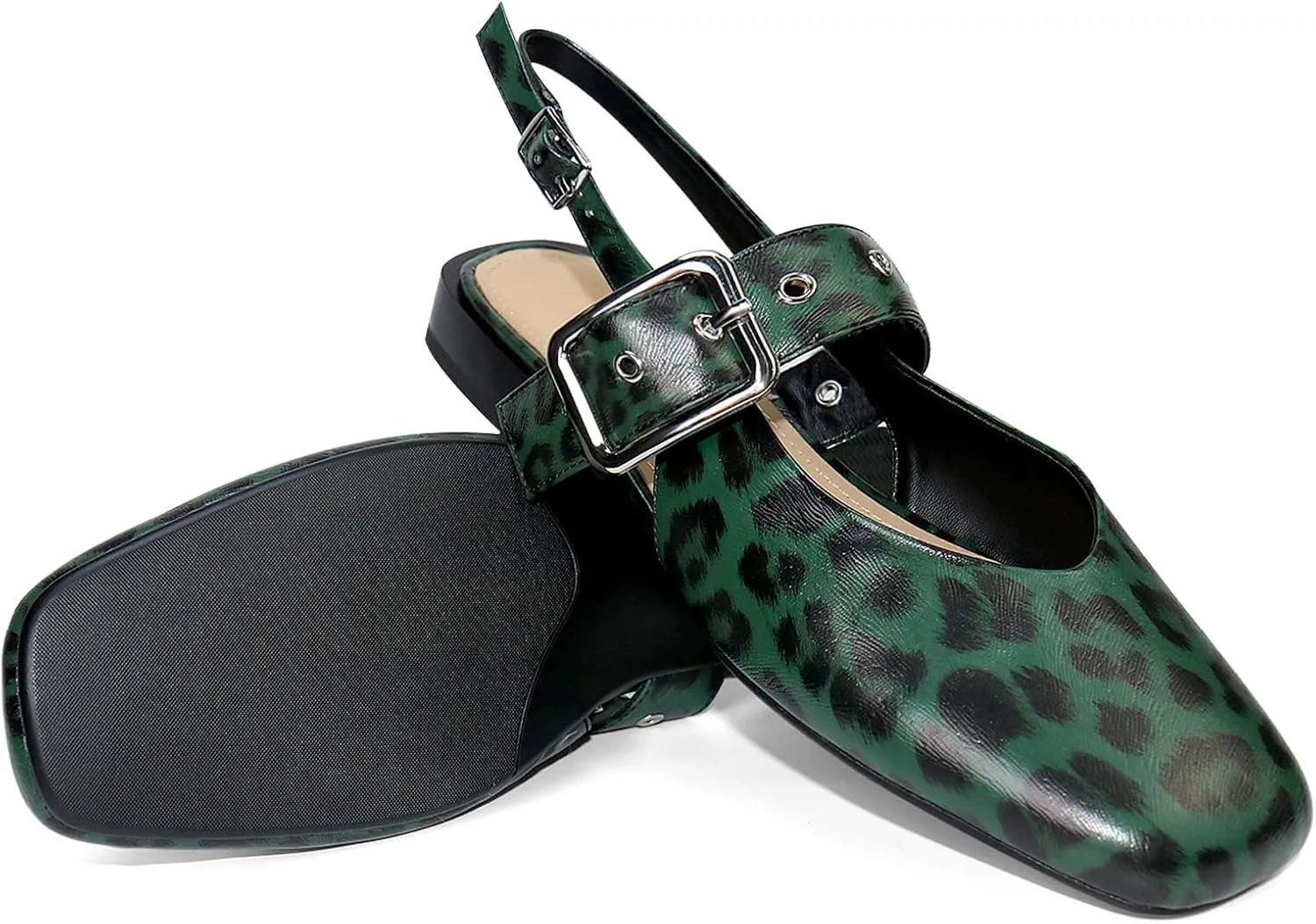 Womens Mary Jane Low Block Heels Closed Square Toe Slingback Ankle Strap Pumps Leopard Printed Party Dress Shoes
