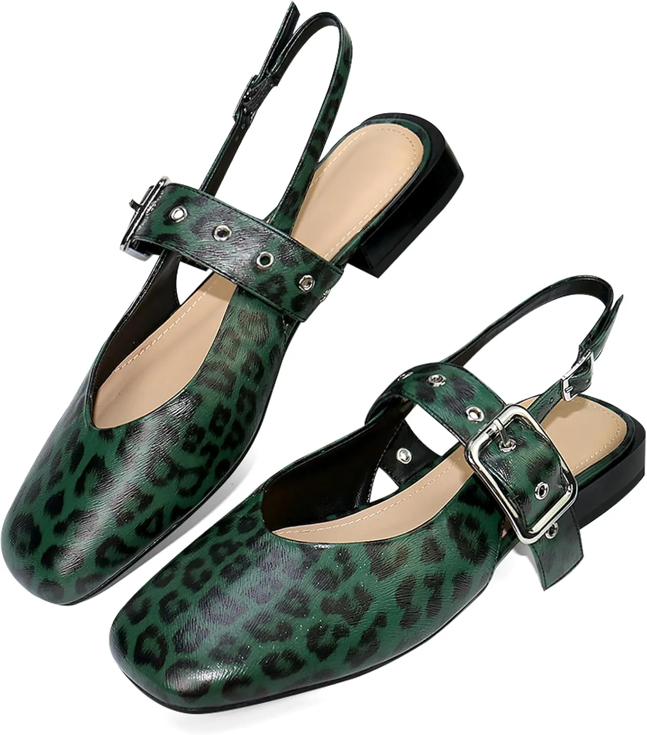 Womens Mary Jane Low Block Heels Closed Square Toe Slingback Ankle Strap Pumps Leopard Printed Party Dress Shoes