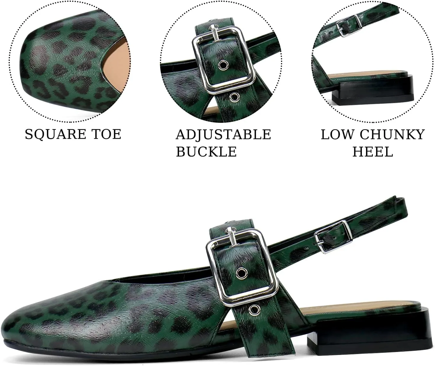 Womens Mary Jane Low Block Heels Closed Square Toe Slingback Ankle Strap Pumps Leopard Printed Party Dress Shoes