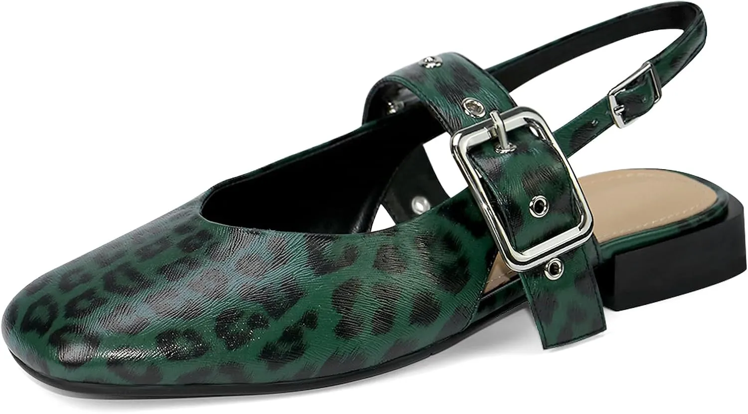 Womens Mary Jane Low Block Heels Closed Square Toe Slingback Ankle Strap Pumps Leopard Printed Party Dress Shoes