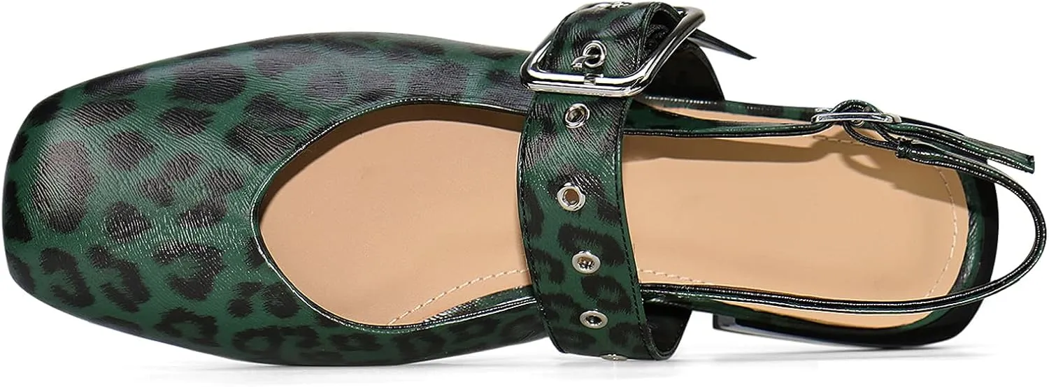 Womens Mary Jane Low Block Heels Closed Square Toe Slingback Ankle Strap Pumps Leopard Printed Party Dress Shoes