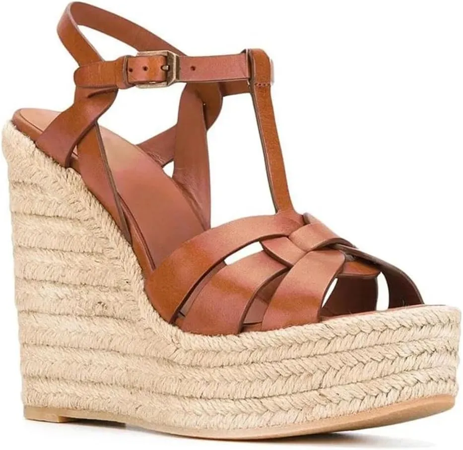 Womens Platform Wedge Sandals Straps Crossed Rope Braided Wedge Heels Sandals
