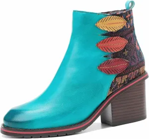 Women's retro ankle boots, paired with Western style patchwork leather fashionable and thick heeled short boots