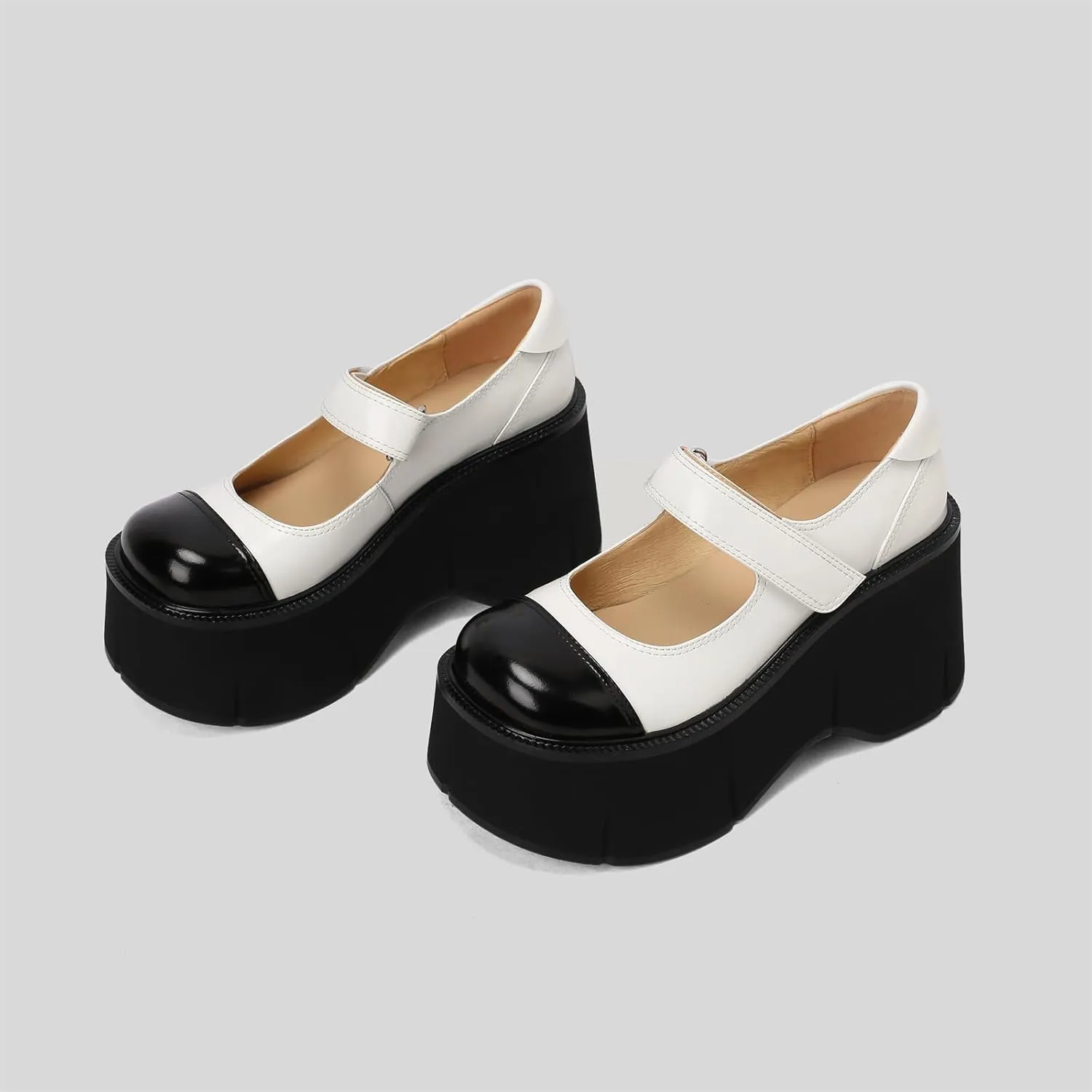 Women's Retro Platform Cap Round Closed Toe Pumps Hook and Loop Fastener Chunky High Heeled Loafers Office Work Casual Fashion Student Dress Shoes All Weather Daily Wear Concise Wedges