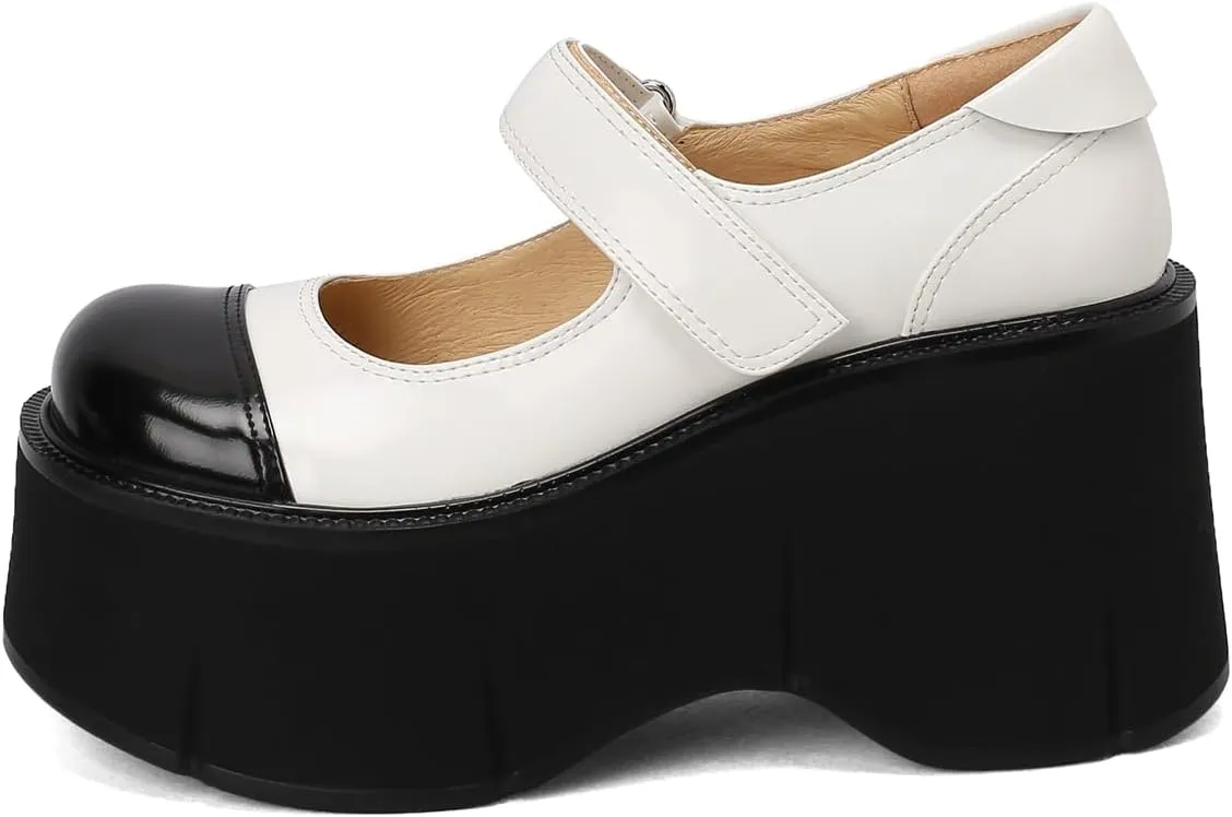Women's Retro Platform Cap Round Closed Toe Pumps Hook and Loop Fastener Chunky High Heeled Loafers Office Work Casual Fashion Student Dress Shoes All Weather Daily Wear Concise Wedges