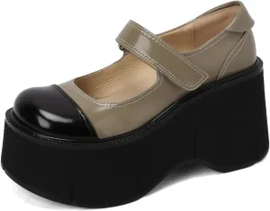 Women's Retro Platform Cap Round Closed Toe Pumps Hook and Loop Fastener Chunky High Heeled Loafers Office Work Casual Fashion Student Dress Shoes All Weather Daily Wear Concise Wedges
