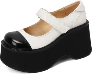 Women's Retro Platform Cap Round Closed Toe Pumps Hook and Loop Fastener Chunky High Heeled Loafers Office Work Casual Fashion Student Dress Shoes All Weather Daily Wear Concise Wedges