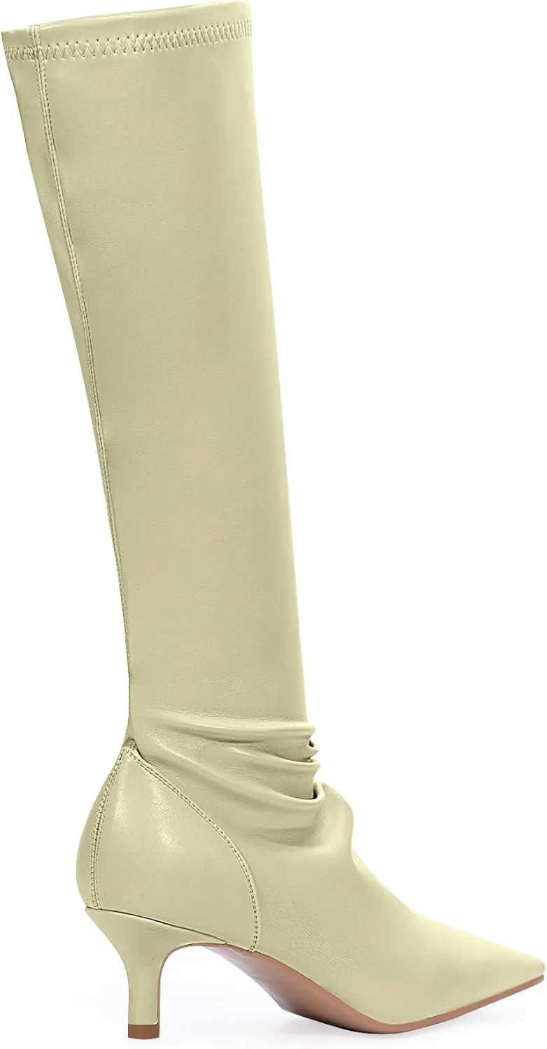 Women's Sexy kitten Heel Knee High Boots Stiletto Heel Square Toe Slip On Thigh High Boots