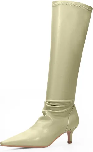 Women's Sexy kitten Heel Knee High Boots Stiletto Heel Square Toe Slip On Thigh High Boots