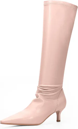 Women's Sexy kitten Heel Knee High Boots Stiletto Heel Square Toe Slip On Thigh High Boots