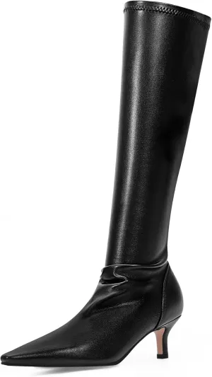 Women's Sexy kitten Heel Knee High Boots Stiletto Heel Square Toe Slip On Thigh High Boots