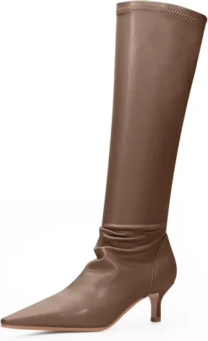 Women's Sexy kitten Heel Knee High Boots Stiletto Heel Square Toe Slip On Thigh High Boots
