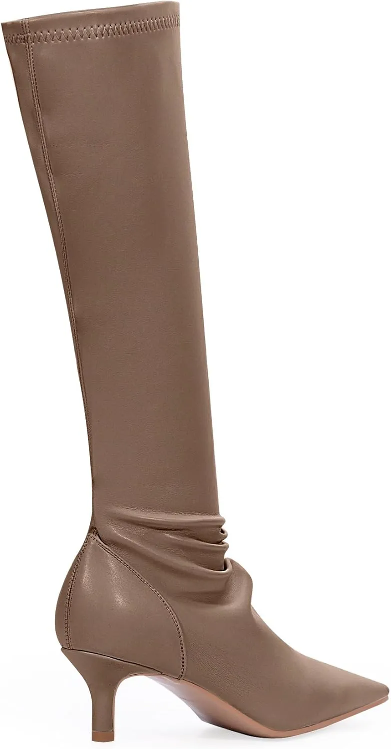 Women's Sexy kitten Heel Knee High Boots Stiletto Heel Square Toe Slip On Thigh High Boots