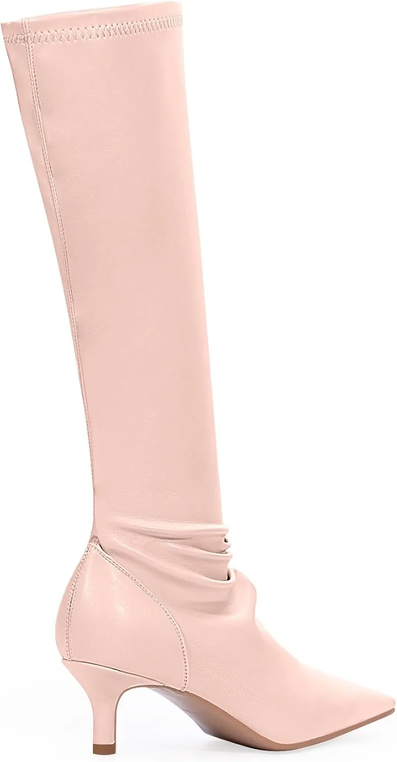 Women's Sexy kitten Heel Knee High Boots Stiletto Heel Square Toe Slip On Thigh High Boots