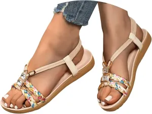 Women's T-Strap Wedge Sandal,Wedge Sandals for Women Low Heel Dressy Elastic Ankle Strap Rhinestone Beaded Summer Comfortable Open Toe Womens Sandal Bohe Beach Slip On Slides Casual Walking Shoes