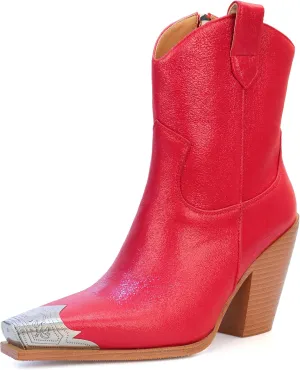 Womens Western Ankle Boots Engraved Metal Toe Cowgirl Booties Stacked Block Heeled Cowboy Boots Fashion Western Party Heeled Shoes