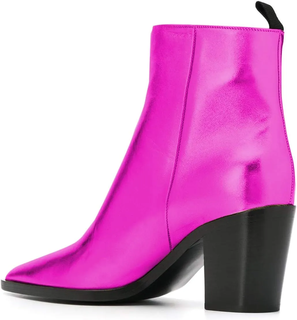XYD Women Pointed Toe Glossy Ankle Boots Stacked Chunky Heels Pumps Booties with Side Zipper Fall Winter Dress Casual Shoes