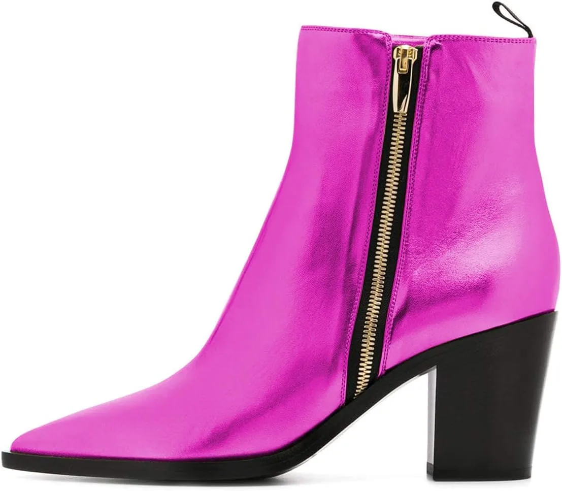 XYD Women Pointed Toe Glossy Ankle Boots Stacked Chunky Heels Pumps Booties with Side Zipper Fall Winter Dress Casual Shoes